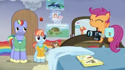 Size: 1280x720 | Tagged: safe, derpibooru import, screencap, bow hothoof, scootaloo, windy whistles, pegasus, pony, parental glideance, bag, bed, bedroom, bouncing, camera, cute, cutealoo, door, female, filly, foal, image, male, mare, png, saddle bag, smiling, stallion