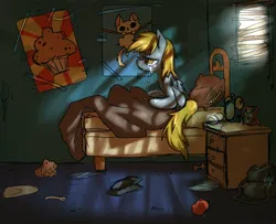 Size: 1600x1300 | Tagged: safe, artist:trazodoned, derpibooru import, derpy hooves, pegasus, pony, bag, bed, bedroom, crying, depressed, feels, female, g4, hang in there, hanging, image, lonely, mailbag, mare, messenger bag, messy, morning ponies, png, poster, sad, satchel, solo