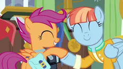 Size: 1280x720 | Tagged: safe, derpibooru import, screencap, scootaloo, windy whistles, pegasus, pony, parental glideance, ^^, bag, camera, cute, cutealoo, eyes closed, female, filly, foal, hoofbump, image, mare, png, saddle bag, smiling, windybetes