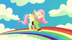 Size: 1000x563 | Tagged: safe, artist:astroeden, derpibooru import, fluttershy, pegasus, pony, animated, antonymph, cloud, eyes closed, female, fluttgirshy, frame by frame, gif, gir, image, mare, pink fluffy unicorns dancing on rainbows, prancing, rainbow, signature, smiling, solo, sparkles, spread wings, vylet pony, wings