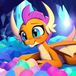 Size: 3072x3072 | Tagged: safe, derpibooru import, machine learning generated, stable diffusion, smolder, dragon, ai content, cave, diamond, dragoness, female, gem, generator:purplesmart.ai, image, lying down, png, prompter:rupert, prone, smiling