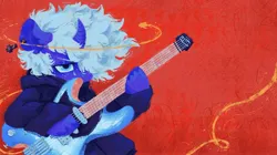Size: 2500x1395 | Tagged: safe, artist:astroeden, derpibooru import, oc, oc:can opener, unofficial characters only, fish, pony, unicorn, alexandre cabanel, clothes, cross, crying, curved horn, electric guitar, fallen angel, fine art parody, fish whisperer, freckles, guitar, hair over one eye, halo, hoodie, horn, image, inverted cross, jpeg, magic, musical instrument, red background, simple background, solo, song art, teary eyes, vylet pony