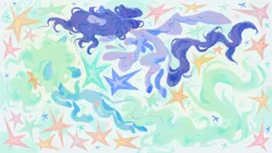 Size: 2500x1406 | Tagged: safe, artist:astroeden, derpibooru import, oc, oc:astro, oc:vylet, unofficial characters only, pegasus, pony, duo, fish whisperer, floating, flowing mane, flowing tail, image, png, simple background, song art, stars, tail, vylet pony, white background