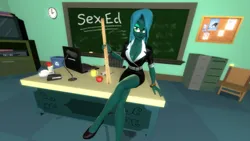 Size: 1920x1080 | Tagged: suggestive, artist:oatmeal!, derpibooru import, queen chrysalis, human, equestria girls, 3d, apple, breasts, canterlot high, chalkboard, classroom, cleavage, clothes, computer, crossed legs, desk, file cabinet, food, glasses, gmod, high heels, humanized, image, laptop computer, png, pointing, sex education, sexy, shoes, sitting, solo, suit, sultry pose, teacher, youtube link, youtube link in the description