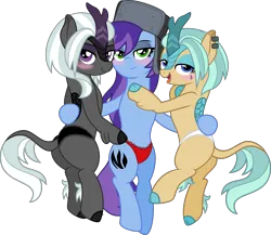 Size: 4604x4000 | Tagged: suggestive, artist:clubvixen, derpibooru import, oc, oc:cher nobyl, oc:jinx von steinmare, oc:misty von steinmare, unofficial characters only, kirin, clothes, cloven hooves, colored eartips, eyeshadow, fishnet pantyhose, goth, image, leg fluff, leonine tail, makeup, minimalist, modern art, panties, png, purple eyes, red panties, show accurate, simple background, tail, transparent background, underwear