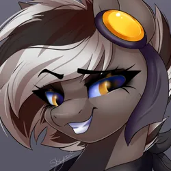 Size: 2000x2000 | Tagged: safe, artist:skyboundsiren, derpibooru import, oc, oc:zephyr corax, unofficial characters only, pegasus, bandana, eyebrows, female, hairpin, image, png, raised eyebrow, ribbon, short hair, signature, smiling, smirk