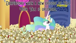 Size: 1280x720 | Tagged: safe, derpibooru import, edit, edited screencap, screencap, princess celestia, alicorn, pony, derpibooru, 28 pranks later, g5, my little pony: tell your tale, season 6, adorable distress, big ol' pile o' scrolls, caption, crown, cute, cutelestia, discovery family, discovery family logo, ethereal mane, female, frown, g4, image, implied g5, implied tell your tale, it keeps happening, jewelry, jpeg, logo, looking at you, mare, meme, meta, peytral, regalia, sad, scrollestia meme, solo, spam, text, this will end in tears and/or a journey to the moon, wide eyes