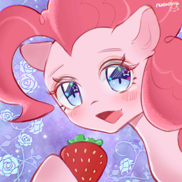 Size: 4000x4000 | Tagged: safe, artist:limastrawberry, derpibooru import, pinkie pie, earth pony, female, food, g4, image, jpeg, purple background, simple background, solo, strawberry