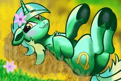 Size: 3072x2048 | Tagged: safe, alternate version, artist:maonyman, derpibooru import, lyra heartstrings, wheat grass, pony, unicorn, blurry background, blushing, chest fluff, comfy, dock, female, field, floppy ears, flower, flower in hair, food, g4, image, looking at you, lying down, lying in grass, mare, on back, png, raised hoof, raised hooves, shading, shading practice, shoulder fluff, smiling, smirk, solo, tail, underhoof, wheat