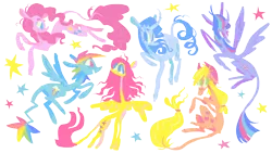 Size: 2500x1406 | Tagged: safe, alternate version, artist:astroeden, derpibooru import, applejack, fluttershy, pinkie pie, rainbow dash, rarity, twilight sparkle, twilight sparkle (alicorn), alicorn, earth pony, pegasus, pony, unicorn, curved horn, female, floating, horn, image, leonine tail, lineless, mane six, mare, png, raised hoof, simple background, stars, tail, transparent background, unshorn fetlocks