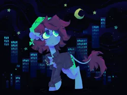 Size: 2500x1875 | Tagged: safe, artist:astroeden, derpibooru import, oc, oc:neko, unofficial characters only, earth pony, pony, abstract background, clothes, commission, frown, hat, high res, image, jacket, leather, leather jacket, leonine tail, looking up, night, png, solo, tail