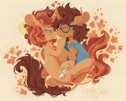 Size: 2500x2011 | Tagged: safe, artist:astroeden, derpibooru import, oc, unofficial characters only, pony, unicorn, abstract background, autumn, clothes, commission, cuddling, duo, eyes closed, glasses, grin, heart, horn, horns are touching, image, jpeg, leonine tail, shirt, signature, smiling, tail, wavy mouth