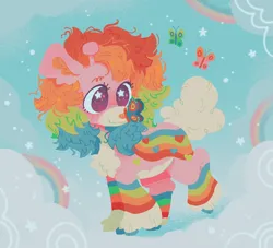 Size: 1942x1766 | Tagged: safe, artist:astroeden, derpibooru import, oc, unofficial characters only, butterfly, giraffe, insect, butterfly on nose, chest fluff, cloud, commission, image, insect on nose, multicolored hair, on a cloud, png, rainbow, rainbow hair, smiling, solo, standing on a cloud, starry eyes, unshorn fetlocks, wingding eyes