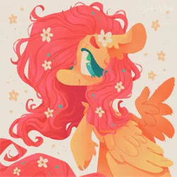 Size: 3002x3002 | Tagged: safe, artist:astroeden, derpibooru import, fluttershy, pegasus, pony, commission, female, flower, flower in hair, flower in tail, hair over one eye, high res, image, jpeg, mare, one wing out, raised hoof, simple background, sitting, solo, tail, unshorn fetlocks, wings