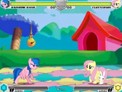 Size: 994x746 | Tagged: safe, artist:tom artista, derpibooru import, screencap, angel bunny, firefly, fluttershy, rainbow dash, pegasus, fighting is magic, bipedal, colored, colorful, fan game, g4, grass, house, image, jpeg, new, puzzle, rattle, stage