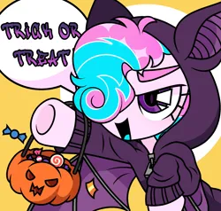 Size: 2100x2000 | Tagged: artist needed, source needed, safe, derpibooru import, oc, oc:sweetie swirl, unofficial characters only, bat pony, bat pony oc, bat wings, candy, food, halloween, holiday, image, nightmare night, png, pumpkin bucket, simple background, smiling, solo, speech bubble, text, trick or treat, wings