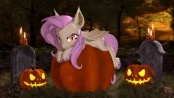 Size: 3840x2160 | Tagged: safe, artist:owlpirate, derpibooru import, fluttershy, bat pony, pony, 3d, 4k, bat ponified, candle, female, flutterbat, gravestone, halloween, high res, holiday, image, jack-o-lantern, lidded eyes, looking at you, lying down, mare, png, prone, pumpkin, race swap, smiling, smiling at you, solo, source filmmaker