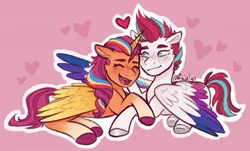 Size: 1481x893 | Tagged: safe, artist:faielyn, derpibooru import, sunny starscout, zipp storm, alicorn, pegasus, pony, g5, my little pony: a new generation, blush lines, blushing, eyes closed, female, heart, image, jpeg, lesbian, open mouth, open smile, race swap, shipping, smiling, sunnycorn, sunnyzipp, underhoof