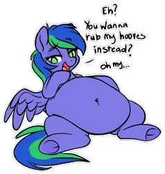 Size: 4230x4438 | Tagged: suggestive, artist:horsecello, artist:montsundere, derpibooru import, oc, oc:felicity stars, unofficial characters only, pegasus, pony, belly, belly button, big belly, dialogue, fat, female, frog (hoof), image, lying down, mare, obese, png, simple background, solo, transparent background, underhoof
