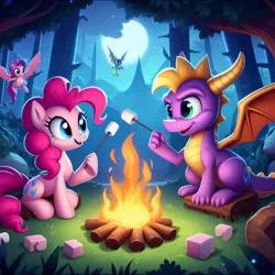 Size: 1024x1024 | Tagged: safe, derpibooru import, machine learning generated, pinkie pie, dragon, earth pony, pony, ai content, campfire, cooking, female, food, image, jpeg, male, marshmallow, moon, night, prompter:pinkiepiepics, roasting, spyro the dragon, spyro the dragon (series), tree