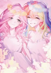 Size: 2079x2953 | Tagged: safe, artist:hellen708, artist:hfn29852262, derpibooru import, fluttershy, rainbow dash, human, duo, female, floral head wreath, flower, flutterdash, grin, humanized, image, lesbian, looking at you, png, shipping, smiling, smiling at you