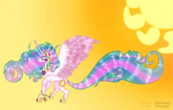 Size: 826x528 | Tagged: safe, artist:gillycynder13, derpibooru import, princess celestia, alicorn, pony, concave belly, crown, curly mane, curly tail, female, gradient background, hoof shoes, horn, image, impossibly long tail, jewelry, jpeg, large wings, long horn, long mane, peytral, princess shoes, raised hoof, regalia, slim, solo, spread wings, sun, tail, thin, wings