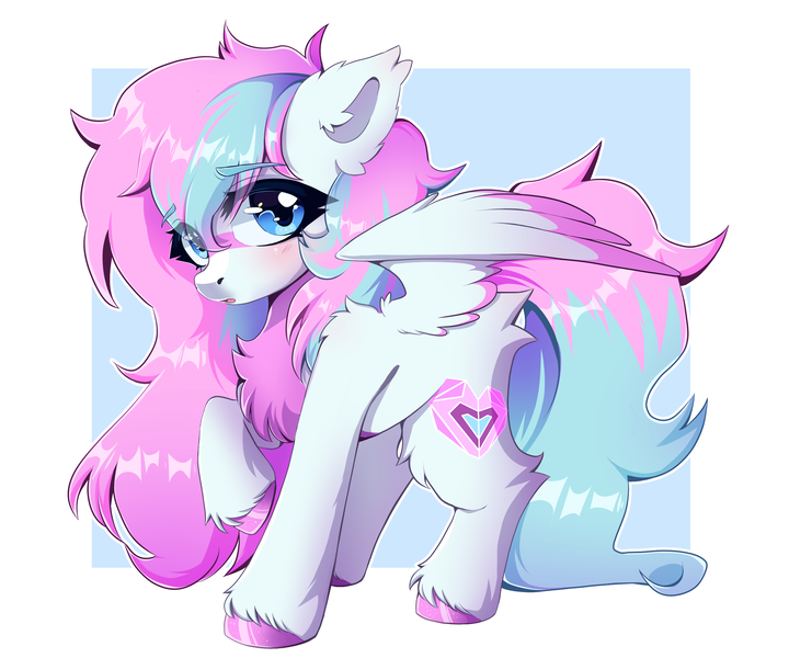 Size: 3000x2500 | Tagged: safe, artist:bizarre_pony, derpibooru import, oc, oc:dyn, pegasus, pony, chest fluff, colored wings, eyelashes, fluffy, heart, image, long mane, long tail, multicolored hair, multicolored mane, multicolored tail, multicolored wings, pegasus oc, png, shy, simple background, spread wings, tail, unshorn fetlocks, wings