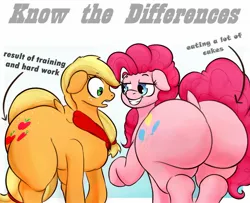 Size: 1889x1535 | Tagged: suggestive, artist:md0024, derpibooru import, applejack, pinkie pie, earth pony, pony, applebucking thighs, applebutt, balloonbutt, butt, dock, floppy ears, grin, huge butt, image, jpeg, know the difference, large butt, neckerchief, simple background, smiling, tail, text, the ass was fat, thighs, thunder thighs, white background, wide eyes, wide hips