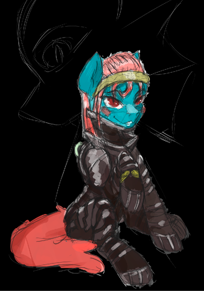 Size: 576x821 | Tagged: safe, artist:nergo, derpibooru import, oc, earth pony, lamia, mimic, original species, pony, armor, dead space, image, png, red eyes, ос:geksa