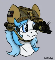 Size: 1133x1235 | Tagged: safe, artist:reddthebat, derpibooru import, oc, unofficial characters only, pony, female, goggles, gray background, helmet, image, mare, night vision goggles, png, signature, simple background, smiling, solo
