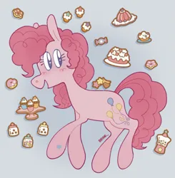 Size: 1267x1291 | Tagged: safe, artist:beyhr, derpibooru import, pinkie pie, earth pony, pony, blush scribble, blushing, cake, candy, cookie, cupcake, donut, female, food, gradient background, image, jello, mare, open mouth, open smile, png, signature, smiling, solo