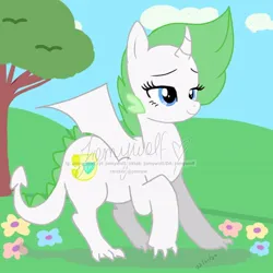 Size: 768x768 | Tagged: safe, artist:jomywolf, derpibooru import, oc, oc:gemlist, unofficial characters only, dracony, hybrid, flower, hill, image, interspecies offspring, jpeg, lidded eyes, offspring, parent:rarity, parent:spike, parents:sparity, raised hoof, smiling, solo, tree, water