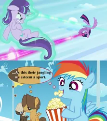 Size: 1280x1440 | Tagged: safe, derpibooru import, edit, edited screencap, editor:korora, screencap, dumbbell, hoops, rainbow dash, starlight glimmer, twilight sparkle, twilight sparkle (alicorn), alicorn, pony, the cutie re-mark, a midsummer night's dream, blast, colt dumbbell, colt hoops, eating, female, fight, filly, filly rainbow dash, flight camp, food, image, magic, magic aura, magic beam, magic blast, png, popcorn, thought bubble, william shakespeare, younger