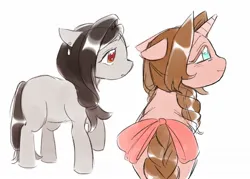 Size: 1280x914 | Tagged: safe, artist:chapaghettii, artist:charlattes, derpibooru import, ponified, earth pony, pony, unicorn, aerith gainsborough, bow, braid, braided tail, duo, female, final fantasy, final fantasy vii, image, jpeg, mare, no pupils, simple background, sketch, tail, tail bow, tifa lockhart, white background
