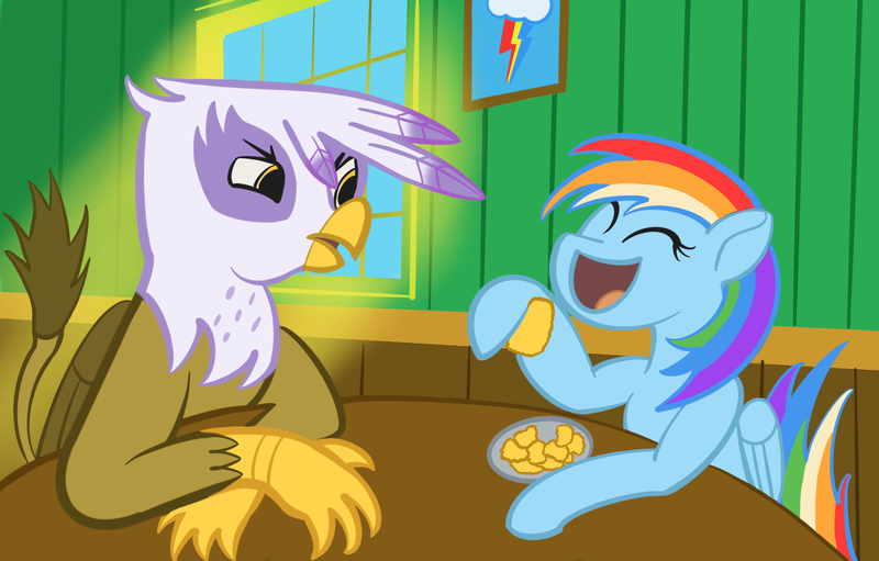 Size: 3482x2225 | Tagged: safe, artist:maonyman, derpibooru import, gilda, rainbow dash, gryphon, pegasus, pony, /mlp/, 4chan, angry, chicken meat, chicken nugget, crossed arms, cutie mark, duo, eating, eyes closed, female, folded wings, food, hoof hold, image, mare, meat, open mouth, picture frame, plate, png, sky, sun, sunlight, table, wall, window, wings