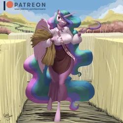 Size: 900x900 | Tagged: safe, artist:kevinsano, derpibooru import, princess celestia, alicorn, anthro, pony, unguligrade anthro, :p, breasts, busty princess celestia, female, hair over one eye, hay, hay bale, image, mare, patreon, patreon logo, png, sash, sickle, solo, tongue out