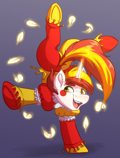 Size: 2360x3099 | Tagged: safe, artist:witchtaunter, derpibooru import, ponerpics import, ponybooru import, oc, oc:mirthful, pony, unicorn, acrobatics, clothes, clown, commission, feather, freckles, handstand, happy, horn, image, jester, jester motley, joy, laughing, magic, makeup, male, png, simple background, solo, stallion, traditional art, tumbling, upside down