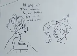 Size: 2000x1450 | Tagged: safe, artist:pony quarantine, derpibooru import, trixie, oc, oc:cherry tomatoe, earth pony, pony, unicorn, bust, dialogue, duo, female, floppy ears, frown, grayscale, image, jpeg, mare, monochrome, pen drawing, shrunken pupils, traditional art