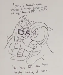 Size: 1553x1842 | Tagged: safe, artist:pony quarantine, derpibooru import, lyra heartstrings, moondancer, pony, unicorn, dialogue, duo, female, floppy ears, hoof on chin, image, jpeg, looking at each other, looking at someone, mare, pen drawing, traditional art