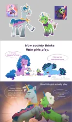 Size: 2560x4311 | Tagged: safe, artist:mythicalartist_, derpibooru import, izzy moonbow, ponified, pony, unicorn, g5, my little pony: tell your tale, abstract background, afro puffs, cape, caption, clothes, crying, dialogue, doll, dramatic, dreadlocks, duo, duo male and female, eyes closed, female, filly, filly izzy moonbow, filly misty brightdawn, foal, gray background, high res, image, intentional spelling error, lying down, madame taffytail, male, mare, misty brightdawn, nose piercing, nose ring, open mouth, open smile, outline, piercing, playing, png, pregnant, prone, scarf, screencap reference, señor butterscotch, shipping, signature, simple background, sitting, smiling, speech bubble, stallion, straight, taffyscotch, teary eyes, text, tongue out, toy, turned head, unshorn fetlocks, white background, white outline, younger