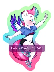 Size: 1631x2160 | Tagged: safe, artist:twisted-sketch, derpibooru import, zipp storm, anthro, pegasus, plantigrade anthro, pony, g5, belly button, blushing, clothes, female, hoodie, image, jpeg, mare, midriff, outline, shoes, short-sleeved sweater, shorts, simple background, sneakers, solo, sports bra, spread wings, white background, wings