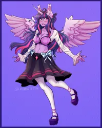 Size: 2030x2549 | Tagged: safe, artist:ramenteeth, derpibooru import, twilight sparkle, twilight sparkle (alicorn), alicorn, human, belly button, breasts, busty twilight sparkle, cleavage, clothes, ear fluff, eared humanization, eyebrows, eyebrows visible through hair, female, horn, horned humanization, humanized, image, mary janes, midriff, png, pony coloring, sharp horn, shoes, skirt, socks, solo, spread wings, stockings, thigh highs, winged humanization, wings