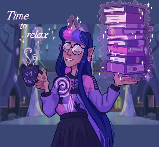 Size: 1440x1331 | Tagged: safe, artist:irisikiki, derpibooru import, twilight sparkle, human, blackwashing, book, clothes, elf ears, eyes closed, glasses, grin, horn, horned humanization, humanized, image, jpeg, moderate dark skin, mug, smiling, solo, sweater, that pony sure does love books, twilight's castle