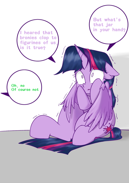 Size: 1300x1839 | Tagged: artist needed, suggestive, derpibooru import, edit, twilight sparkle, twilight sparkle (alicorn), alicorn, pony, against wall, dialogue, dialogue box, fetal position, floppy ears, hug, image, offscreen character, offscreen human, png, self-hugging, shivering, simple background, sitting, solo, winghug, wings