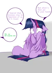 Size: 1300x1839 | Tagged: artist needed, suggestive, derpibooru import, edit, twilight sparkle, twilight sparkle (alicorn), alicorn, pony, against wall, dialogue, dialogue box, fetal position, floppy ears, hug, image, offscreen character, offscreen human, png, self-hugging, shivering, simple background, sitting, solo, winghug, wings