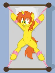 Size: 4371x5805 | Tagged: safe, artist:equestria secret guard, derpibooru import, oc, oc:hazy moon, unofficial characters only, pony, unicorn, armpits, bdsm, bed, belly button, bondage, eyebrows, featureless crotch, female, frown, helpless, horn, horn ring, image, jewelry, lying down, magic suppression, on back, on bed, png, ring, rope, rope bondage, scared, sexy, solo, spread eagle, teeth, tied to bed, tied up, unicorn oc