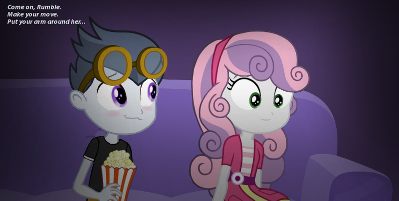 Size: 821x414 | Tagged: safe, artist:lunaticdawn, derpibooru import, rumble, sweetie belle, human, equestria girls, blushing, couch, duo, equestria girls-ified, female, food, goggles, goggles on head, image, male, png, popcorn, rumbelle, shipping, sitting, smiling, straight, text