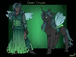 Size: 1280x960 | Tagged: safe, artist:binibean, derpibooru import, queen chrysalis, changeling, changeling queen, human, clothes, dress, elf ears, female, humanized, image, moderate dark skin, name, passepartout, png, signature, solo