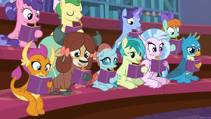 Size: 1920x1080 | Tagged: safe, derpibooru import, screencap, berry blend, berry bliss, gallus, huckleberry, november rain, ocellus, peppermint goldylinks, sandbar, silverstream, smolder, yona, changeling, dragon, earth pony, gryphon, hippogriff, pegasus, pony, unicorn, yak, season 8, the end in friend, spoiler:s08, animated, bow, dragoness, female, friendship student, gallus is not amused, gif, glow, glowing horn, hair bow, horn, image, loop, male, mare, one of these things is not like the others, stallion, student six, unamused, writing, writing with mouth