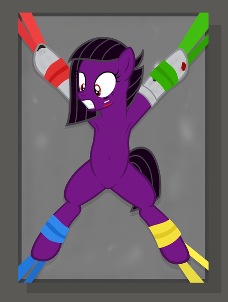 Size: 3442x4548 | Tagged: safe, artist:equestria secret guard, derpibooru import, oc, oc:林官财子, unofficial characters only, earth pony, pony, unicorn, armpits, bdsm, bed, belly button, bondage, clothes, earth pony oc, featureless crotch, female, frown, gift wrapped, helpless, horn, image, jewelry, lying down, magic suppression, on back, on bed, paint, png, scared, sexy, socks, solo, spread eagle, table, teeth, unicorn oc